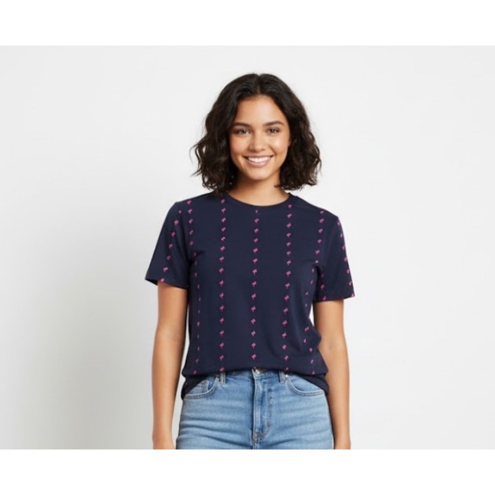 Free Planet T-Shirt Women XS Navy Pink Flamingo Print Short Sleeve Tee Tropical